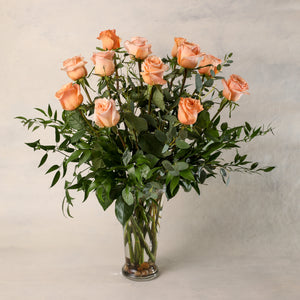 One Dozen Long Stemmed Roses Arranged in a Premium Vases beautiful greenery elegant classic Jardiniere Flowers Portsmouth New Hampshire Seacoast New England Family-owned florist order online for local delivery Maine New Hampshire love romance roses peach