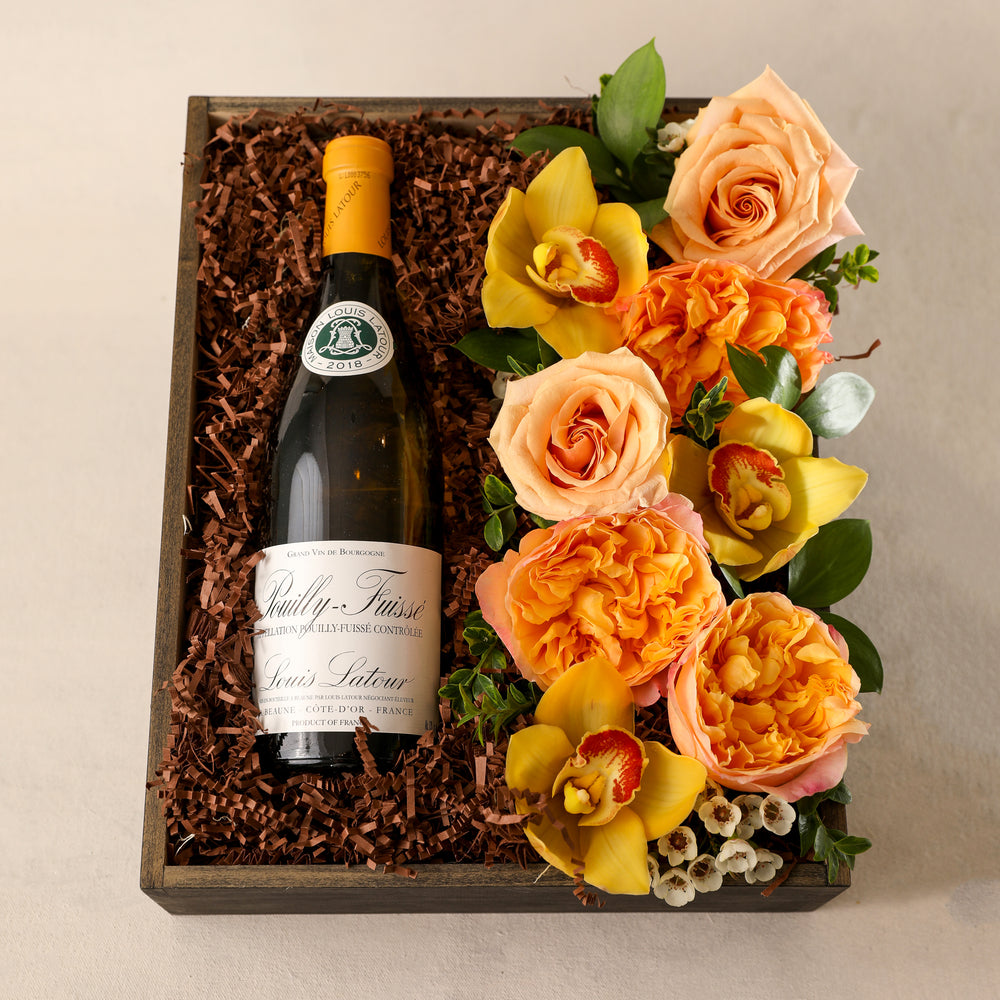 Flowers and Wine Gift Box by Jardiniere Flowers Portsmouth New Hampshire New England Seacoast Florist Gifts Wine Flora pair Chardonnay with seasonal fresh flowers customized family owned business order online local delivery home business events love
