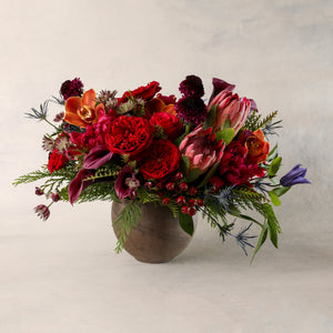 
                
                    Load image into Gallery viewer, Jardiniere Flowers Luxe Arrangement Portsmouth New Hampshire Seacoast New England Florist Order Online for Local Delivery home business events just because happy birthday congratulations office corporate perfect gift thank you friendship I love you dinner centerpiece Maine New Hampshire family-owned best local florist  jewel tones rich colors red pink purple holiday colorful flowers roses orchids deep colors special garden flowers flower creation design customized upport small business premium flowers
                
            