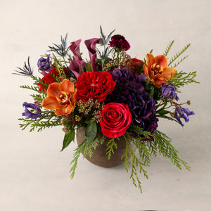 Jardiniere Flowers Medium Arrangement Portsmouth New Hampshire Seacoast New England Florist Order Online for Local Delivery home business events just because happy birthday congratulations office corporate perfect gift thank you friendship I love you Maine New Hampshire family-owned best local florist jewel tones vibrate bright rich colors perfect for love and holidays flower creation design customized by you support small business
