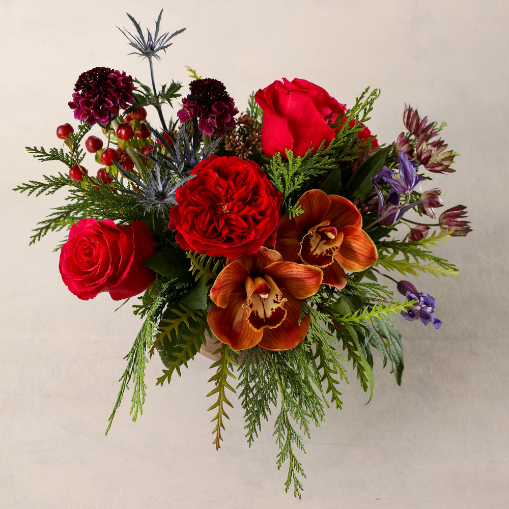 Jardiniere Flowers Petite Arrangement Portsmouth New Hampshire Seacoast New England Florist Order Online for Local Delivery home business events just because happy birthday congratulations night stand desk Maine New Hampshire family-owned best local florist signature jewel tones red brown purple holiday flower creation design customized by you support small business