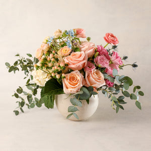 
                
                    Load image into Gallery viewer, Jardiniere Flowers Medium Arrangement Portsmouth New Hampshire Seacoast New England Florist Order Online for Local Delivery home business events just because happy birthday congratulations office corporate perfect gift thank you friendship I love you Maine New Hampshire family-owned best local florist soft hues white pink pastels flower creation design customized by you support small business
                
            