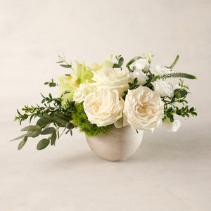 Jardiniere Flowers Petite Arrangement Portsmouth New Hampshire Seacoast New England Florist Order Online for Local Delivery home business events just because happy birthday congratulations night stand desk Maine New Hampshire family-owned best local florist signature white and green flower creation design customized by you support small business