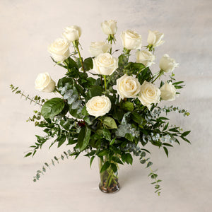 One Dozen Long Stemmed Roses Arranged in a Premium Vases beautiful greenery elegant classic Jardiniere Flowers Portsmouth New Hampshire Seacoast New England Family-owned florist order online for local delivery Maine New Hampshire love romance roses white
