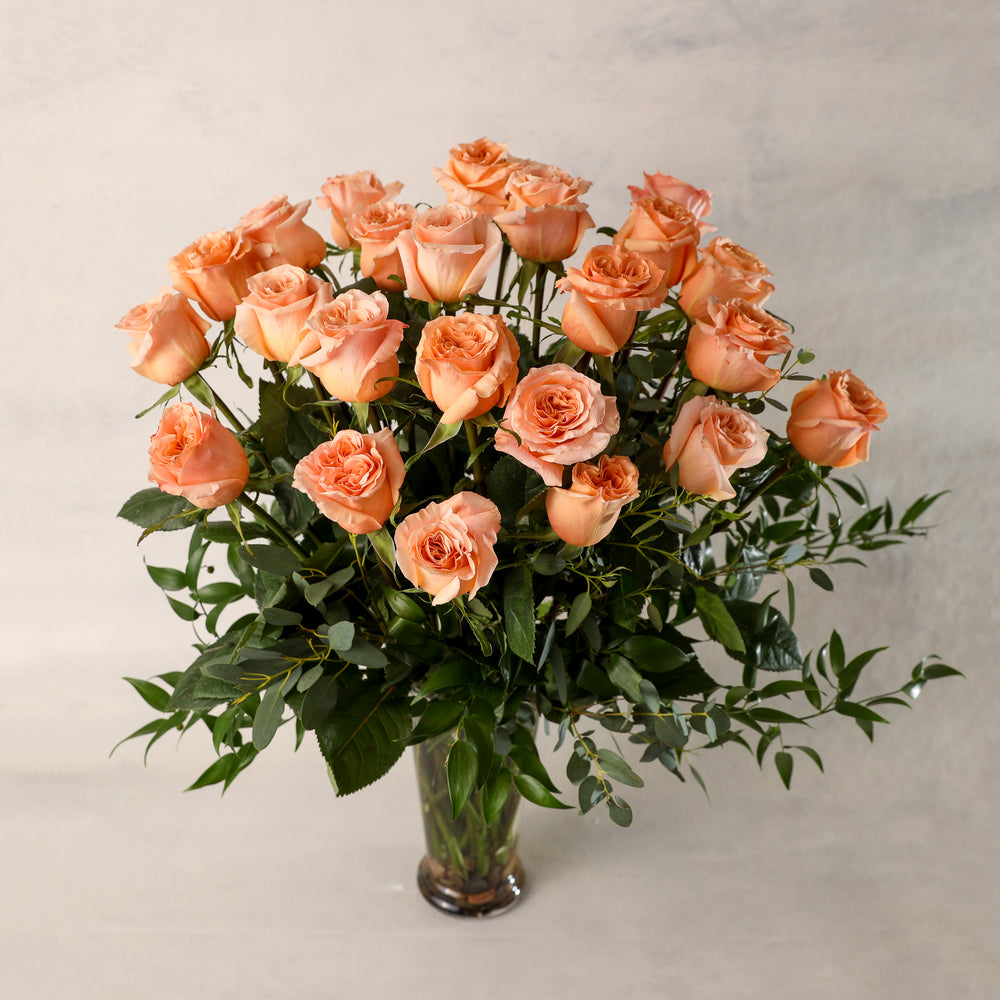 Two Dozen 24 Long Stemmed Roses Arranged in a Premium Vases beautiful greenery elegant classic Jardiniere Flowers Portsmouth New Hampshire Seacoast New England Family-owned florist order online for local delivery Maine New Hampshire love romance roses peach