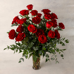 
                
                    Load image into Gallery viewer, Two Dozen 24 Long Stemmed Roses Arranged in a Premium Vases beautiful greenery elegant classic Jardiniere Flowers Portsmouth New Hampshire Seacoast New England Family-owned florist order online for local delivery Maine New Hampshire love romance roses red
                
            