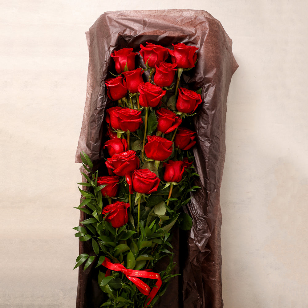 Two Dozen 24 Long Stemmed Roses in a box beautiful greenery elegant classic Jardiniere Flowers Portsmouth New Hampshire Seacoast New England Family-owned florist order online for local delivery Maine New Hampshire love romance roses red